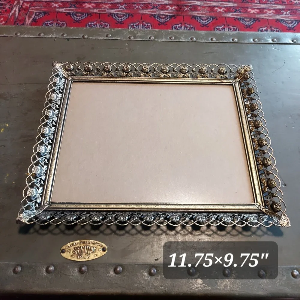Vintage Silver Metal Rose Filigree Picture Frame Ornate Victorian 9.75x11.75